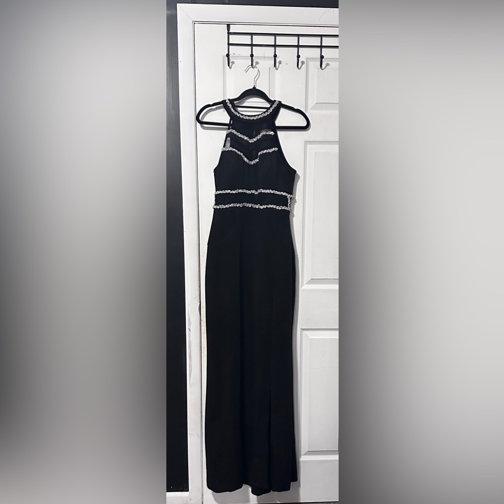 Emerald Sundae Black Halter Prom Dress with Silver Accents